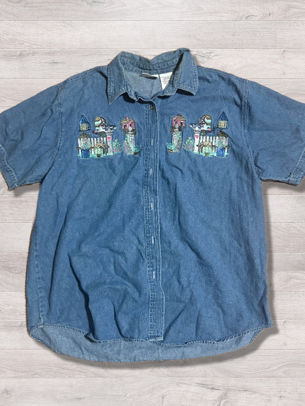 VTG Bobbie Brooks Denim Shirt Womens XL Embroidered Kittens Birdhouses